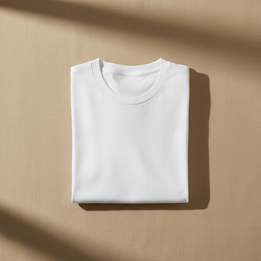Classic White T-Shirt flat lay on beige background